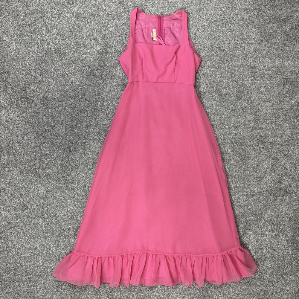 Vintage Lorrie Deb Dress Womens 7/8 Pink Chiffon Ruffle Hem Maxi USA Formal 60s